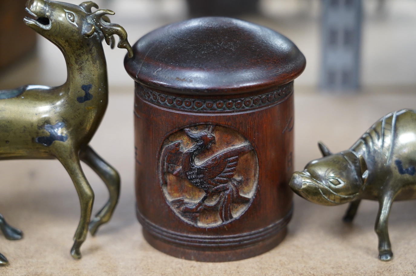 Two 19th century Chinese bronze, copper and silver inlaid censers in the form of animals and a bamboo tea caddy, largest 14cm high. Condition - fair